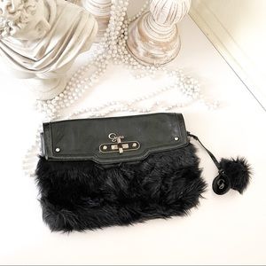 Guess Vintage Style Black Faux Fur Fluffy Clutch